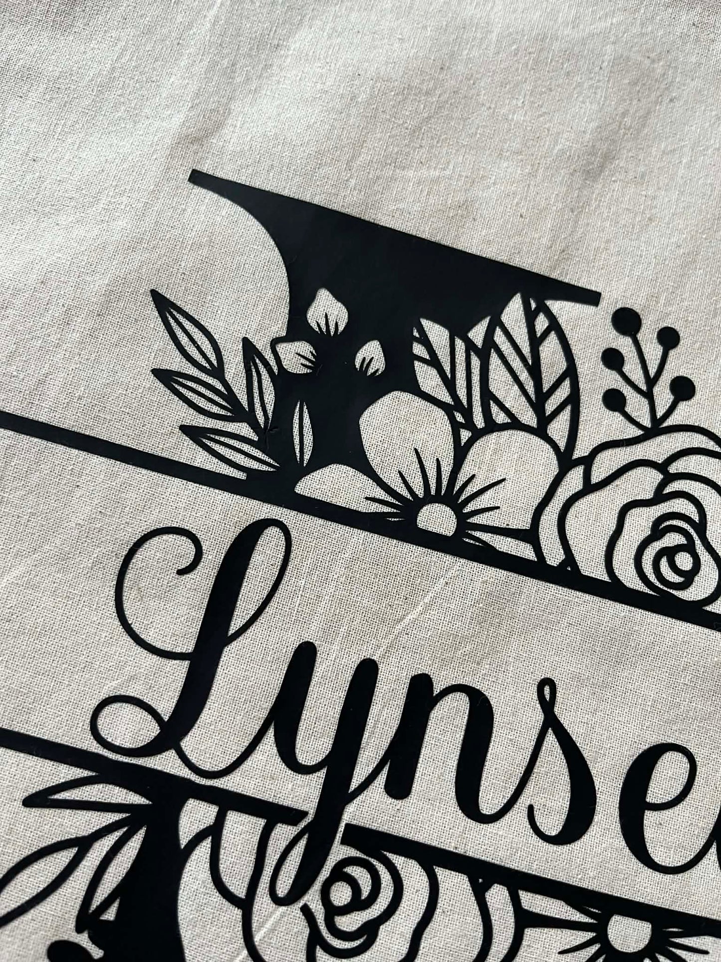 Tote bag personnalisé initiale & prénom – Sac en toile motif floral – Cadeau personnalisé femme