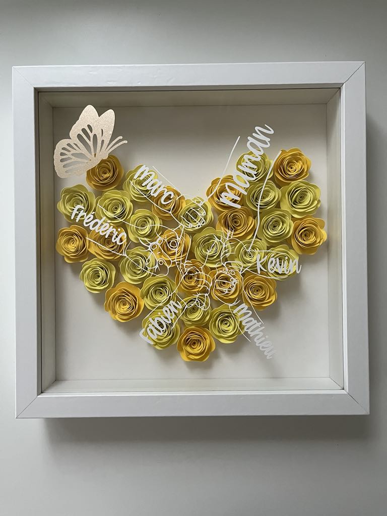 Cadre personnalisé famille avec mains d’enfants – Fleurs en papier faites main