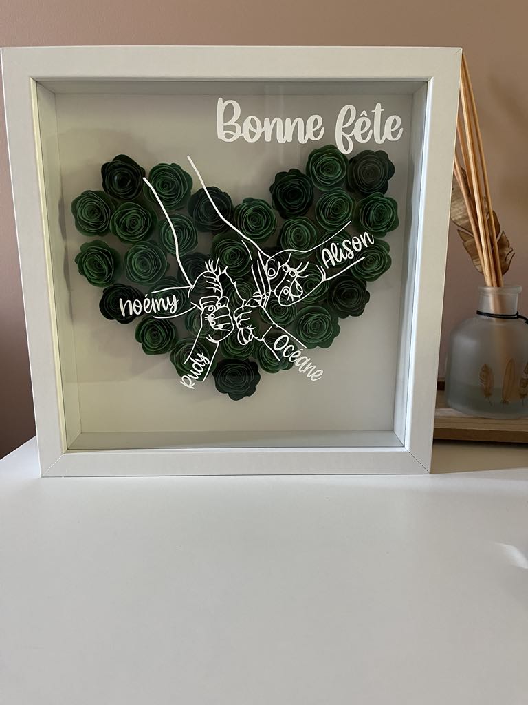 Cadre personnalisé famille avec mains d’enfants – Fleurs en papier faites main